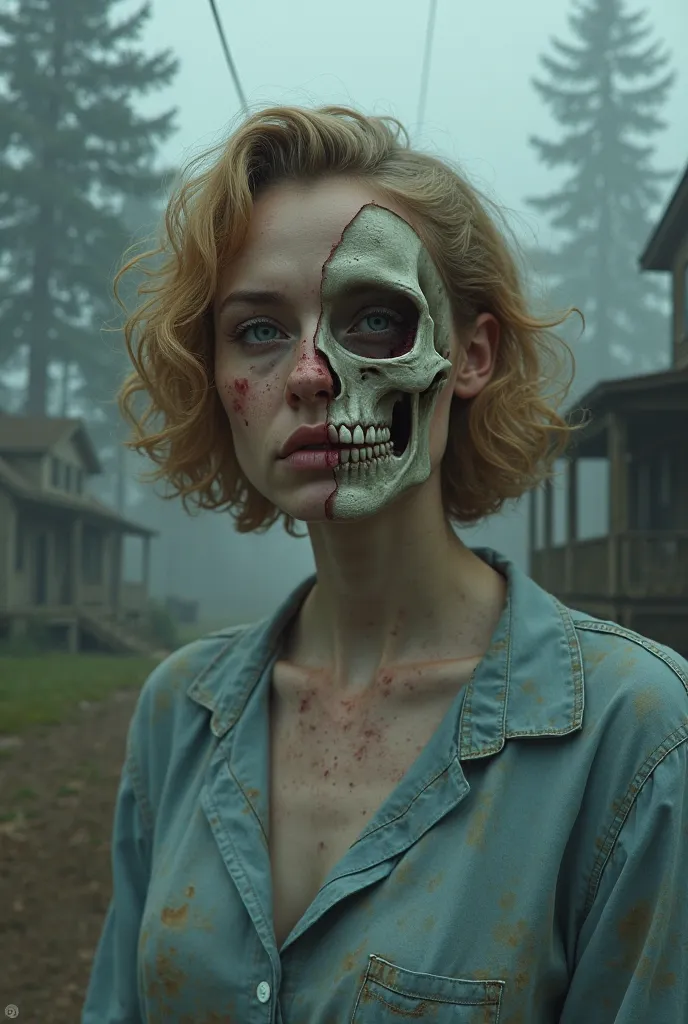 A woman with short curly strawberry hair and blue eyes with freckles. The right half of her face is missing and revealing her skull, and she looks like a . She is wearing a dirty baby blue blouse. Behind her is an old 50s town surrounded by pine trees and ...