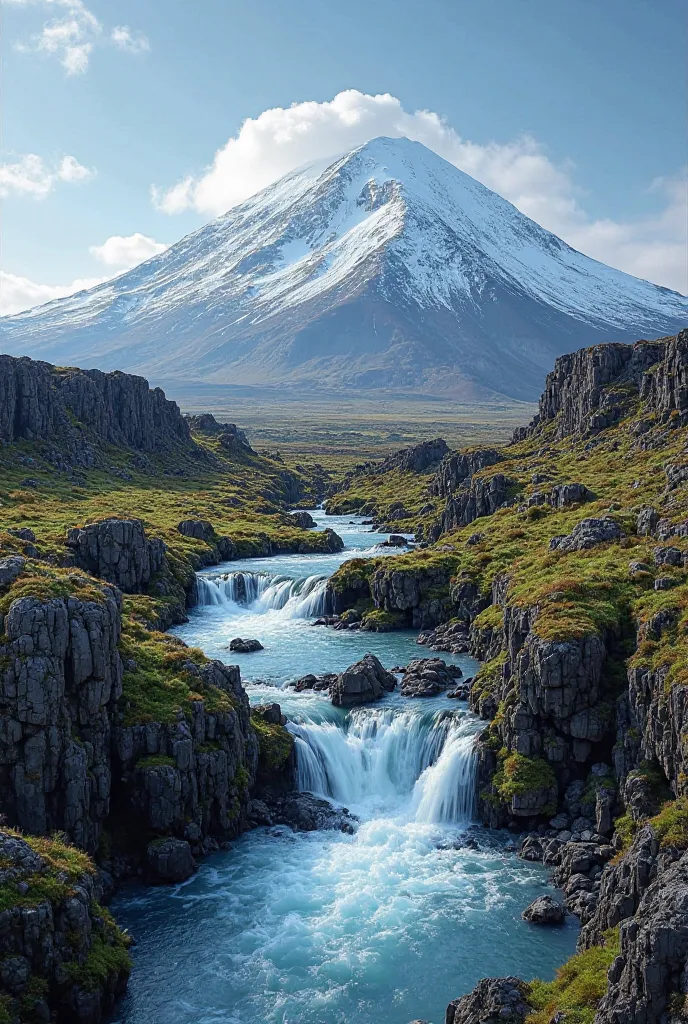 Imagine a scene at the base of the Snæfellsjökull volcano, an impressive and majestic landscape.