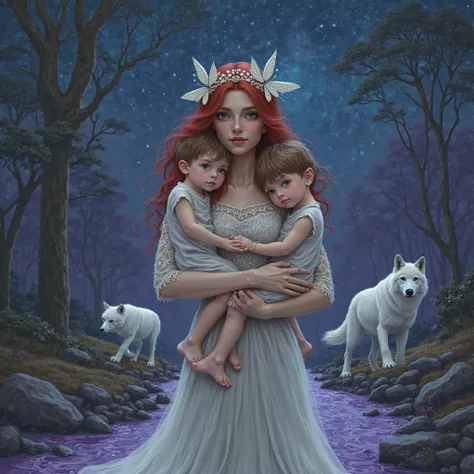 A woman with dark green eyes a butterfly crown in her red hair a long lace dress. She is carrying two boys in her arms. A starry night purple river and white wolves 