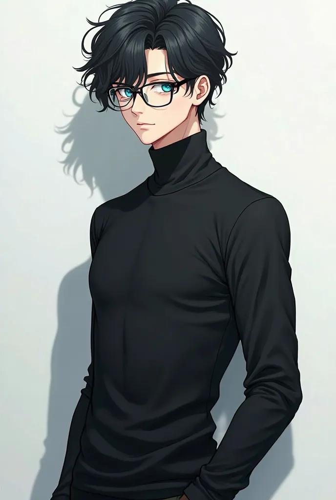 You could create a tall anime-style boy, tall and exercised looking and dominant but gentle, with short, wavy black hair, with calm water blue eyes, light skin, lentes,  black sweater.*