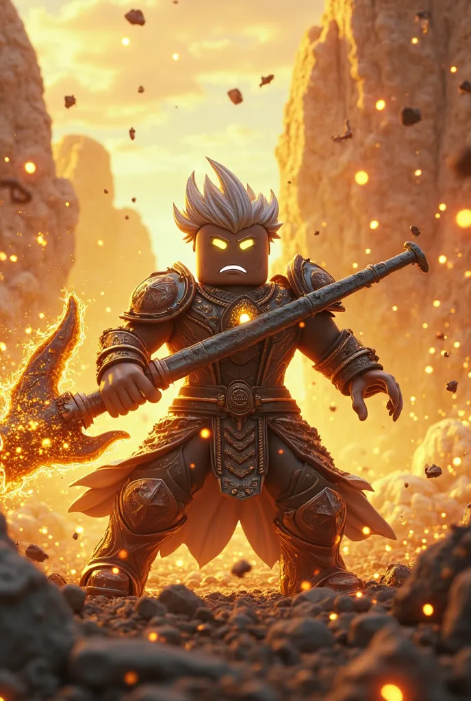 "A powerful Roblox warrior character standing in a dynamic battle pose, wielding a massive enchanted weapon, surrounded by golden energy and debris. The character has spiky silver hair, a long flowing coat with intricate patterns, and glowing eyes. The bac...