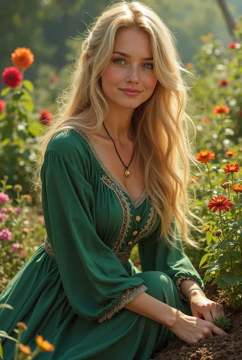  BLONDE WOMAN, blue eyes,  long green dress, Taking care of the garden