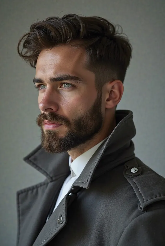 A twenty-six year old man with a retouched beard and mustache dressed in a gray trench coat in a profile pose not looking directly at the camera