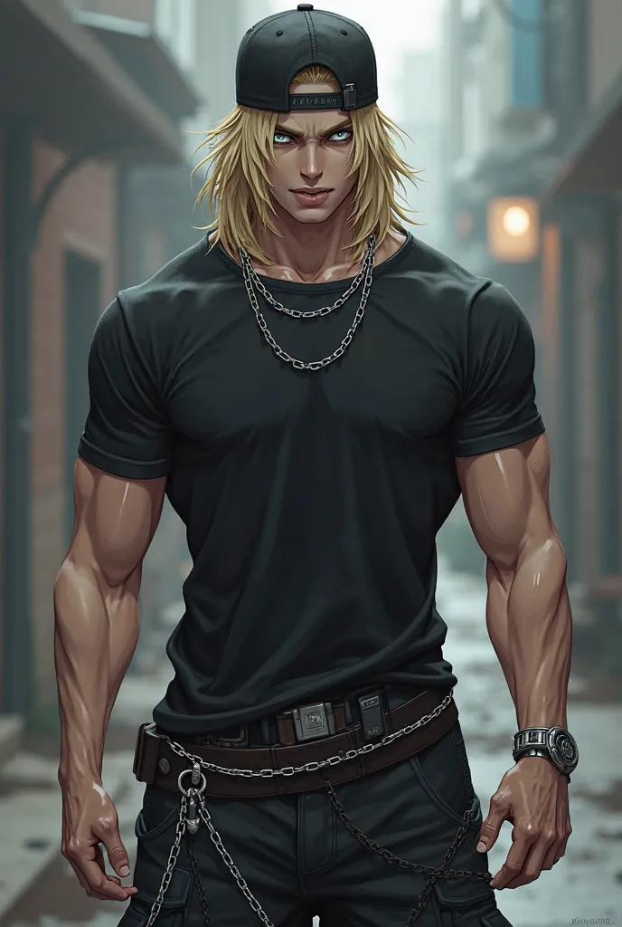 Pale muscular anime man with gray eyes blond hair and casual black clothing,  chains with back cap