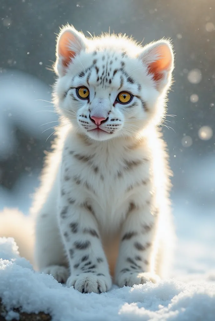 (A small anthropomorphic animal, an albino snow leopard cub. is a slender . height 140 cm . Hair is white .  yellow eyes . Unique beauty and tenderness, with mostly feminine features. pure white fur.)