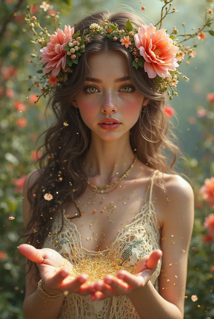 Brunette flower fairy with dollars in her hands