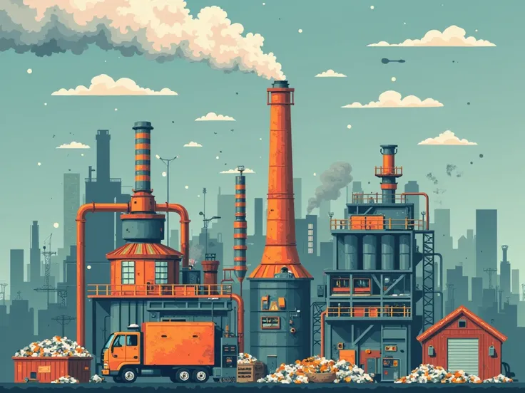 Depict a waste-to-energy plant with waste being fed into a furnace or incinerator. The waste should appear as though it's being burned, with energy or power being generated. Include visual elements of smoke transforming into clean energy, like electricity ...