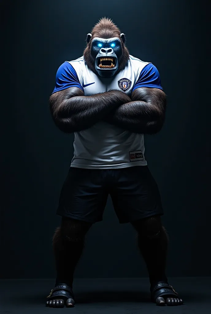 A powerful and muscular gorilla mascot for a Brazilian football team, standing tall with arms crossed in a dominant pose. The gorilla has glowing blue eyes that radiate power and intensity, along with a fierce, angry expression. He is wearing a white jerse...