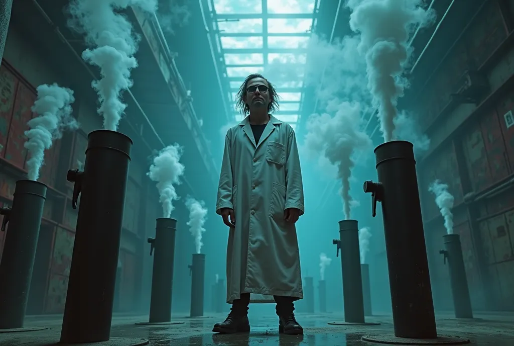 A full-length portrait of a mad scientist in a white coat with long slicked-back hair, wearing black glasses. He stands cross-legged in a room, black smoky chimneys sticking out of the floor in front of him at different angles, the chimneys are led into th...