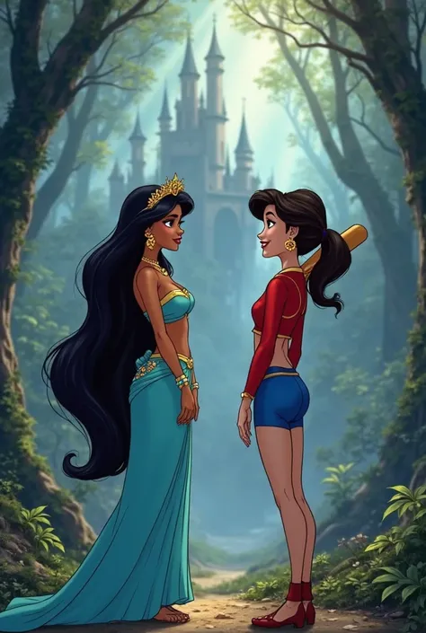 Jasmine, From the animation Aladdin, and Harlequin stand side by side in a mystical forest, with an imposing castle in the background. Jasmine wears her iconic turquoise blue outfit golden details, her long black hair adorned with a shiny tiara.  She has a...