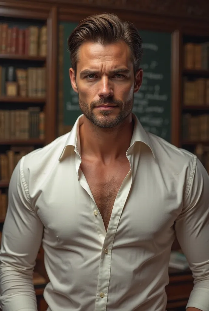 Professeur de français avec les cheveux bruns avec une chemise avec des muscles sexy