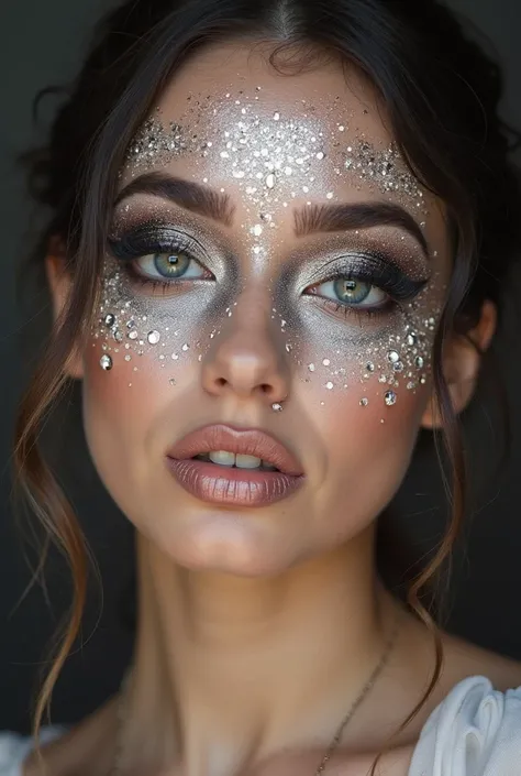 there is a woman with makeup and eyeliners posing for a picture, a picture inspired by reyna rochin, tumblr, aestheticism, thick fancy makeup, ayahausca, glitter makeup, covered in crystals and glitter, with professional makeup, sexy face with full makeup,...