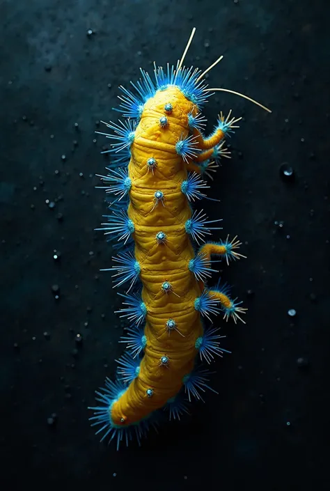 predatory yellow caterpillar with blue spines crawls asymmetrically, black background