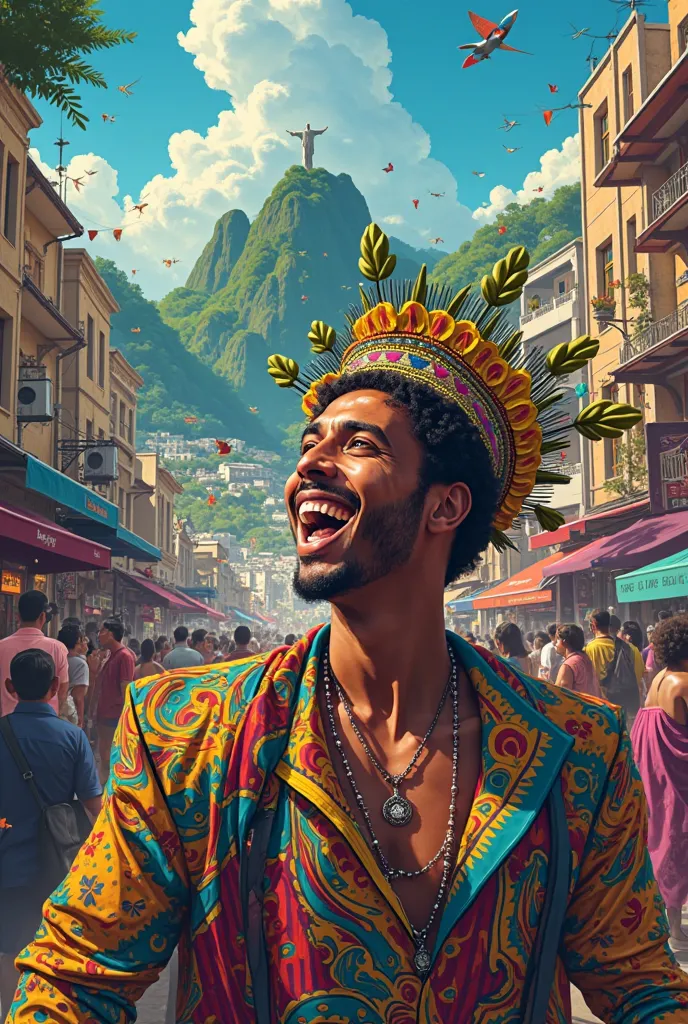 Create an illustration about a happy guy in Carnival in Rio de Janeiro, Brazil. Like comic book very gothic illustration 