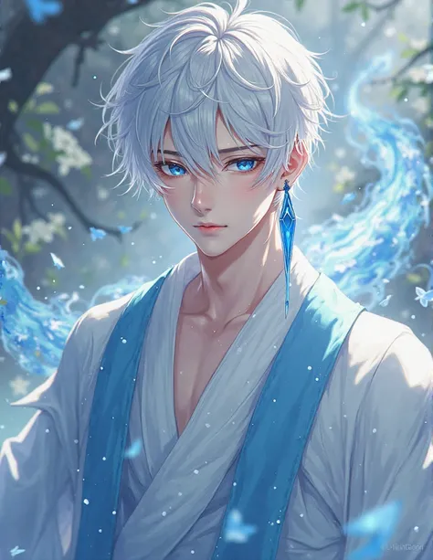 1 man, short white hair, blue eyes, wearing white and light blue fantasy style clothes, absurdres, hightres, ultra sharp, 8k, masterpiece, looking at viewer, anime, one long, blue earring