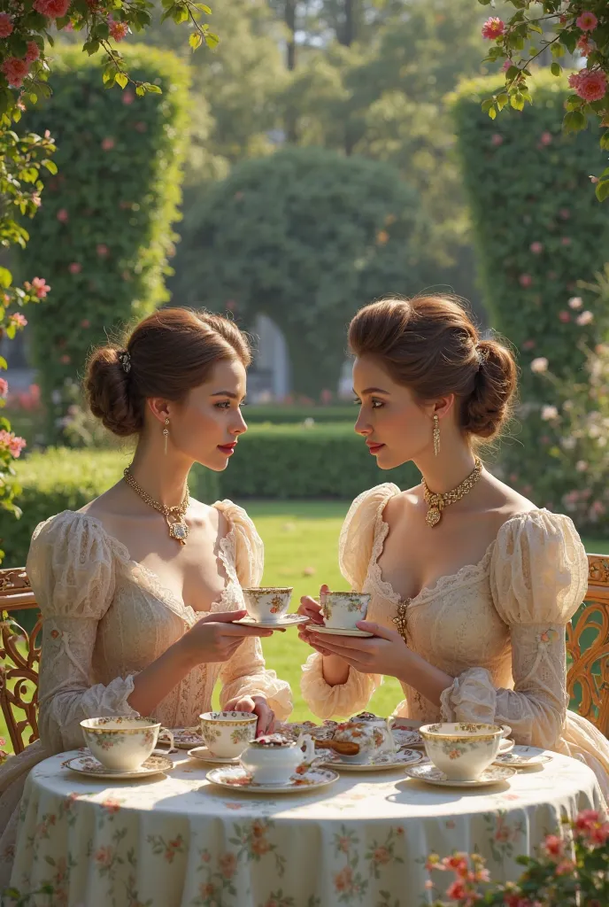 2 brown-haired countesses having tea in the garden 