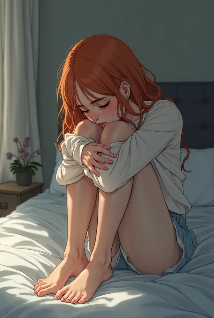 Shy, crying, ginger girl with freckles, adult woman, anime, full body in modern clothes, sitting on a bed