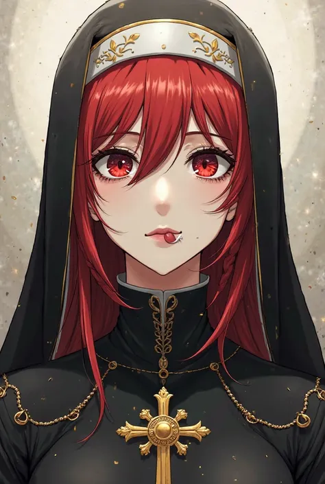 A nun,  Woman, white,  tongue . Your hair is red and your eyes are also red. her costume is black with white and gold details. anime line