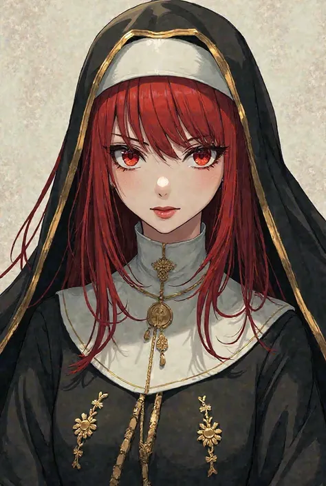 A nun,  Woman, white,  tongue . Your hair is red and your eyes are also red. her costume is black with white and gold details. anime line