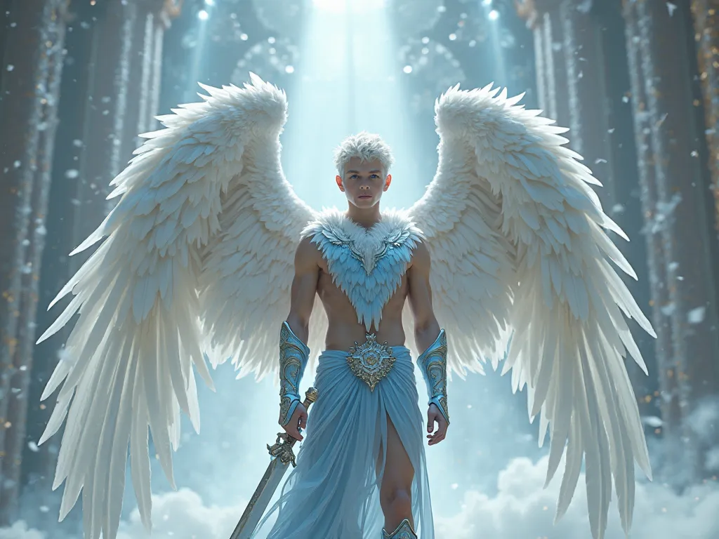  Masterpiece , top quality ,Full body 8k photo , super realistic, There are several boys , white skin, With 4 wings huge wings full of feathers , blue eyes , light blue armor, holding a sword, scenario from the fantasy Celestial City ,  short white hair sw...