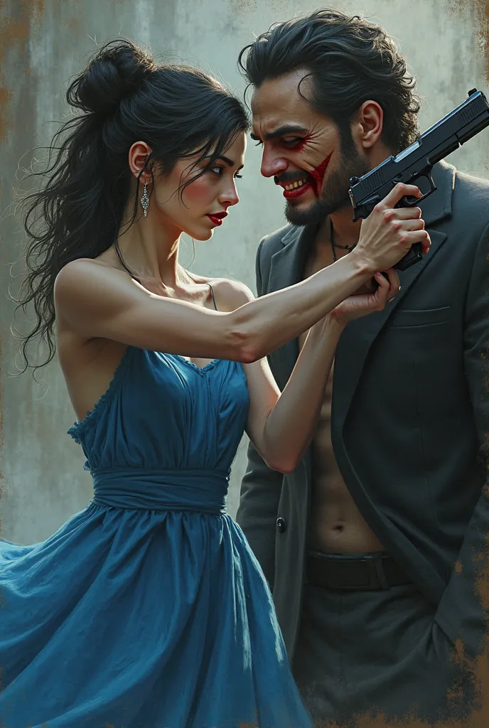 a girl in a blue dress carrying a gun on a male with a red lip with a threatening look