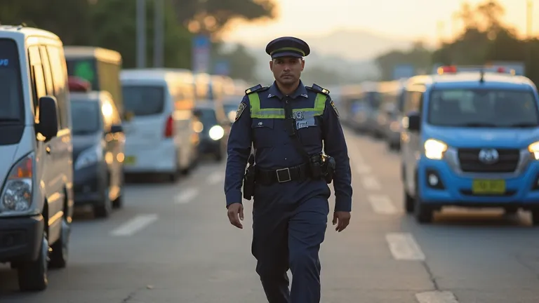 Make a picture of a police officer walking, wearing a uniform with reflective strips and hat. The policeman holds a baton in one hand while walking confidently, with a police vehicle parked on the side of the road. The background is terminal and the atmosp...