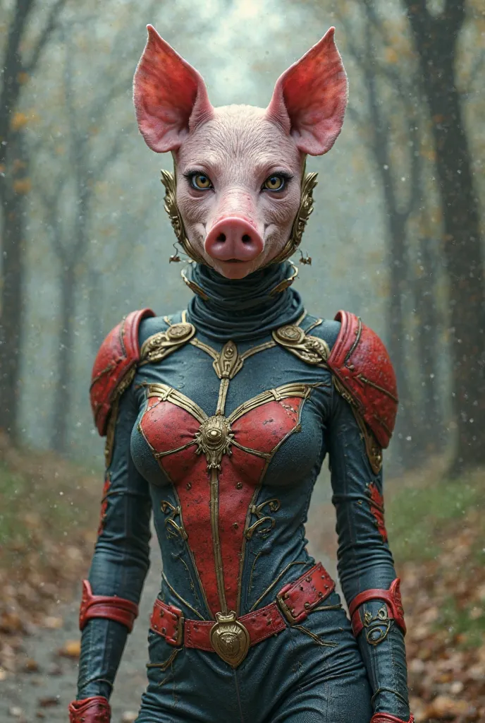 Woman with pig mask and costum of marvel