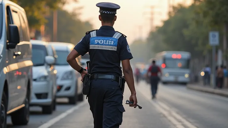 Make a picture of a police officer walking, wearing a uniform with reflective strips and hat. The policeman holds a baton in one hand while walking confidently, with a police vehicle parked on the side of the road. The background is terminal and the atmosp...