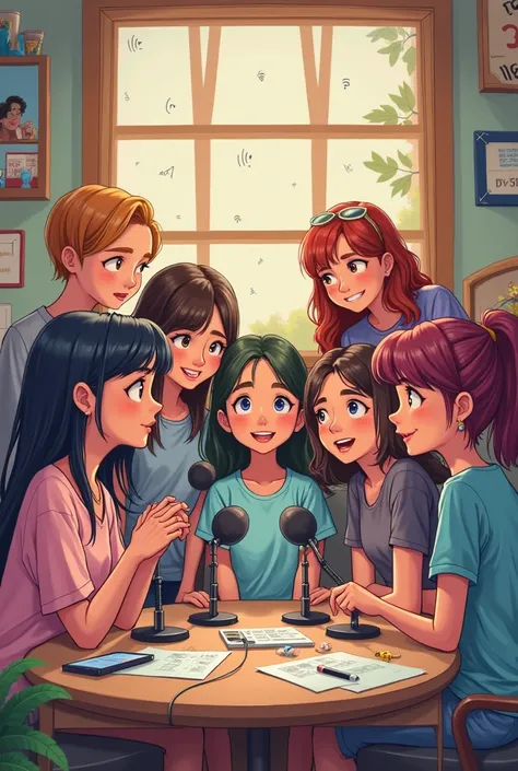 Imegen of 6 girls and a boy in an animated podcast version 