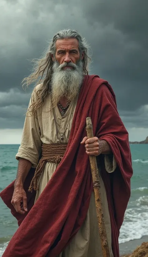 Ultrarealistic 8K image of Moses, a biblical figure, standing at the edge of the Red Sea. He is an older man with long, flowing gray hair and a thick beard. His tanned face is weathered but resolute, with piercing dark eyes. He wears a simple beige tunic a...