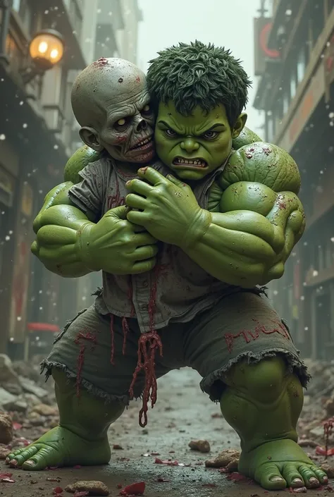 I need a baby hulk, Who keeps a zombie in a headlock, A tshirt troughs, On which ATUM is written and shorts that Michi is on. He should roar SMASH