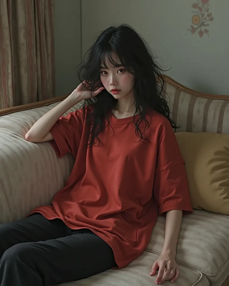 Sleepy pretty slender girl with fair skin, sitting on the sofa with disheveled black wavy hair and red eyes. she's wearing home clothes, red oversized t-shirt and black pants