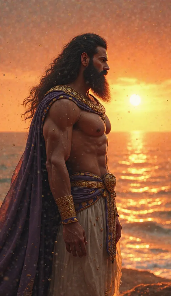 le même pharaon musclé et avec une barbe entrain de regarder le coucher du soleil au bord de la mer 