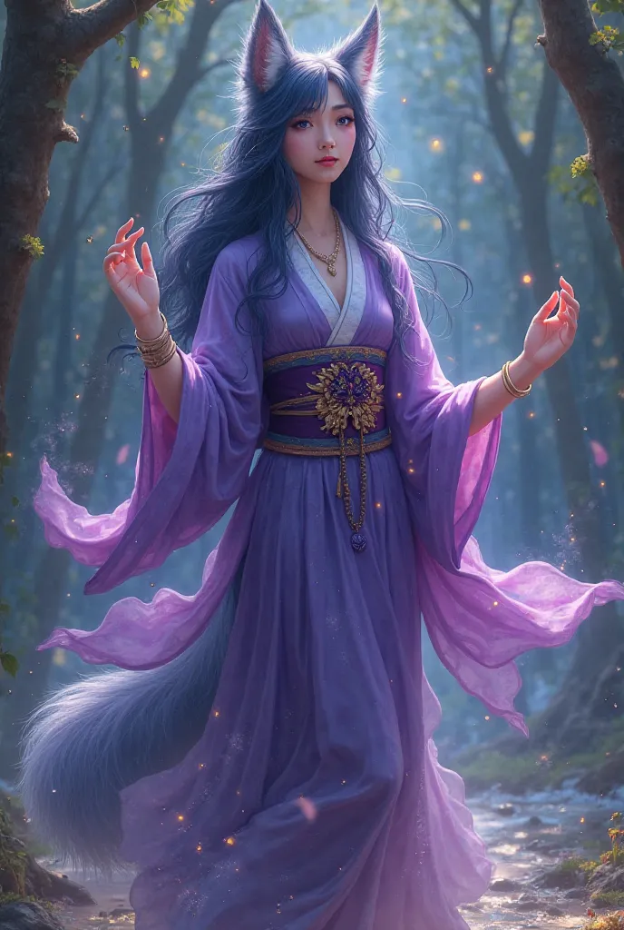 Dark blue hair wolf girl with purple and yellow wolf eyes in purple Japanese kimono healing dance