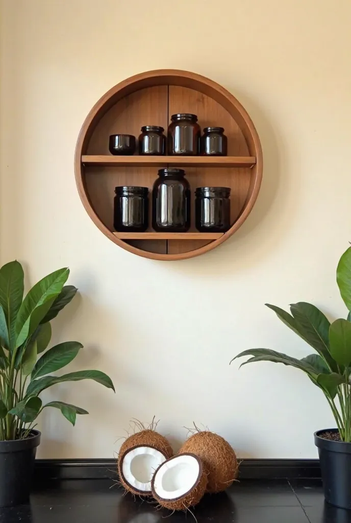 A logo where there is a round wooden shelf on the wall with dark glass jars, some open coconuts that are empty in the middle, the floor is black with two plants on the sides and the wall is cream-colored.