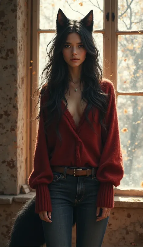 Beautiful anthropomorphic wolf with long black hair, she is wearing a red sweater and jeans. She is next to a window. Elle a une longue queue noire