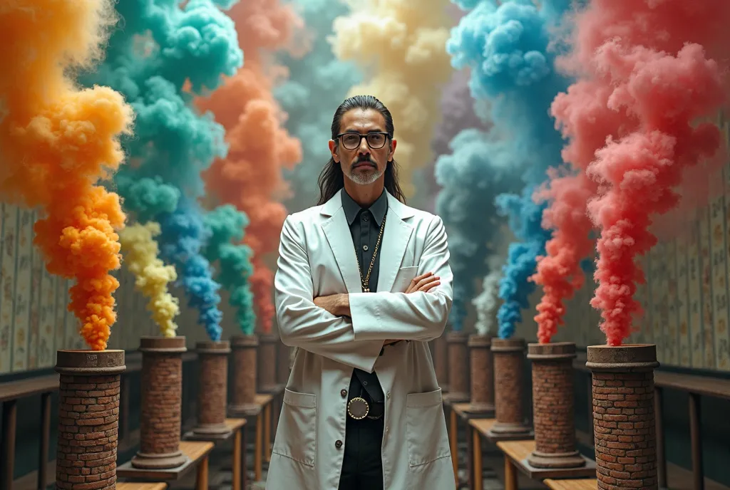 A surreal room, with two dozen different smoky brick chimneys sticking out of the floor and walls, from which pyrotechnic colored multicolored smoke emanates. A full-length portrait of a mad scientist in a white coat, with long slicked-back hair, wearing b...