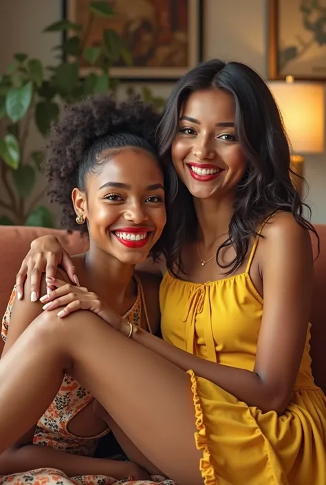 gorgeous mother and   daughter exuberant makeup red lipstick 80s yellow sundress glossy tan tights and black high heels sitting in living room 