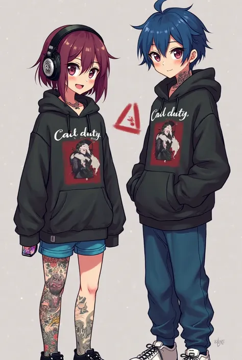 Anime style gamer girl, with tattoos,  smiling, cabello rizado y de Color of the wine,  sweatshirt negra with an image of a heel that says call of duty,  headphones for gamers , silla gamer, short blue, black tennis, cell phone in hand , light skin. 
And b...