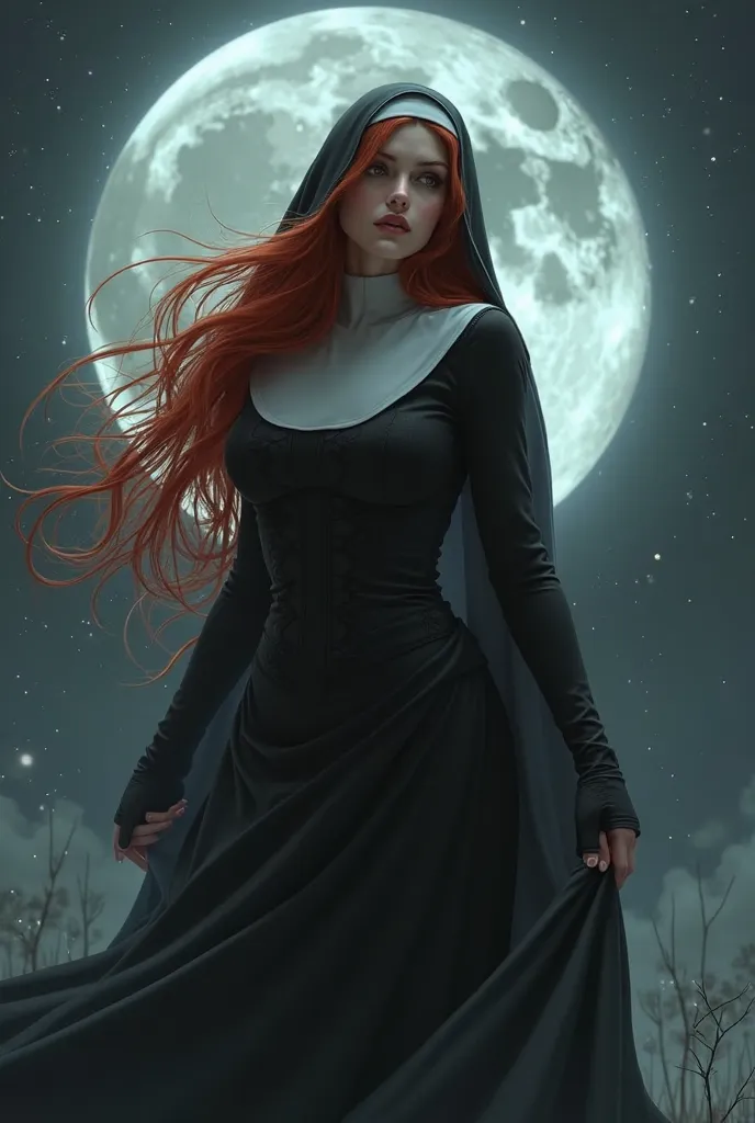 gothic, Sexy red-haired nun with flowing hair, in a sexy nun costume, looks away under the moonlight, 