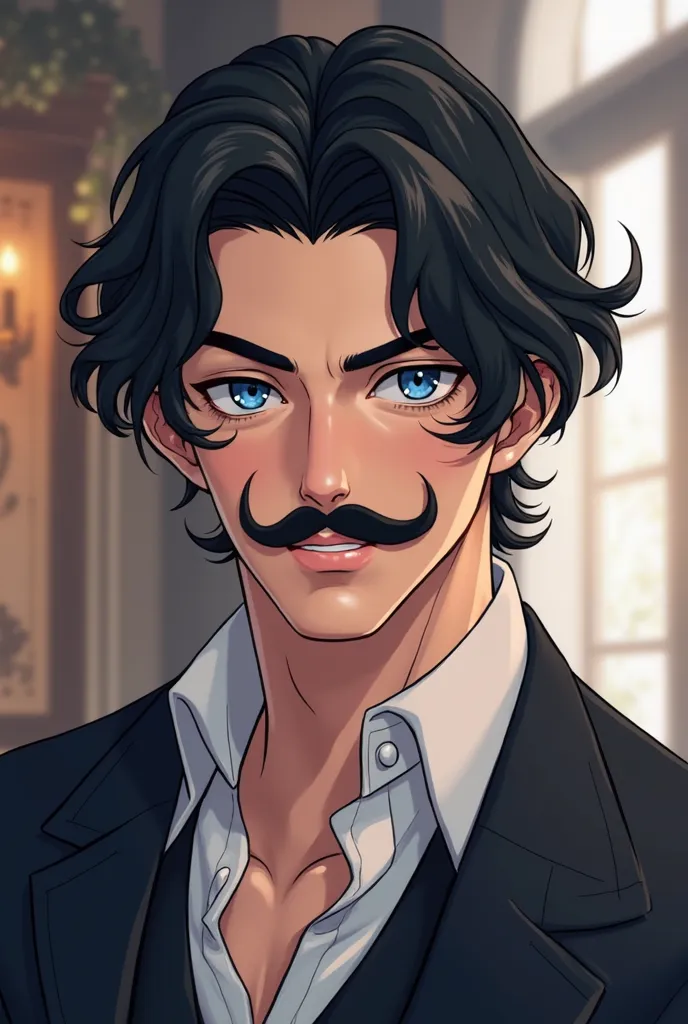 hair wavy,black,french moustache,blue eyed french man,get handsome anime