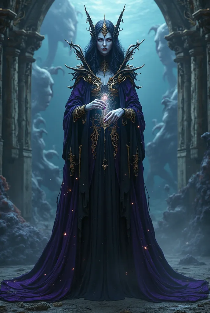 A menacing sea witch with piercing eyes and a cold expression, fantasy oceanic era, regal yet fearsome black and purple robe adorned with golden accents, standing in her dark underwater throne room, she holds a glowing contract in her hands, ominous shadow...