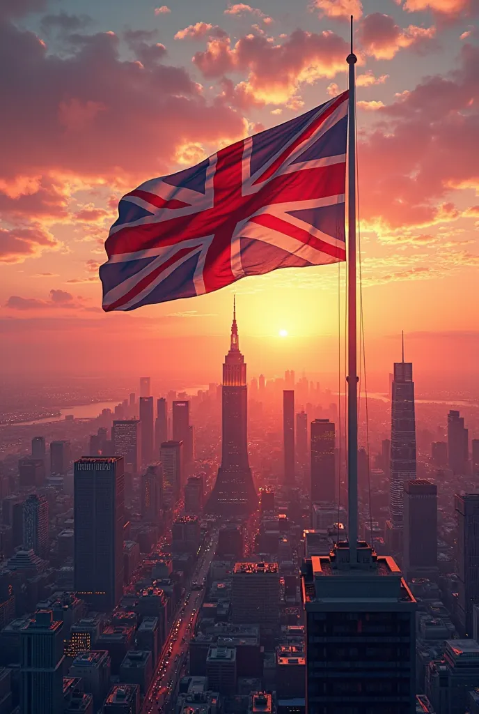 Create a city and the flag of the United Kingdom, Let the background be a sunset 