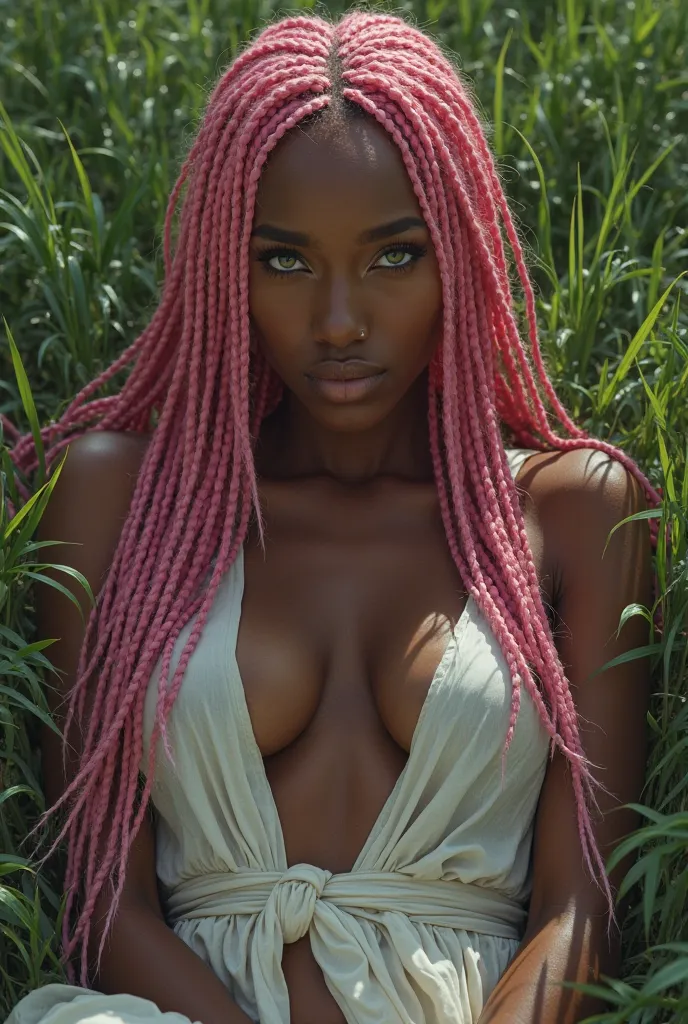 Woman with dark brown skin, bright pink long braided hair. green eyes. Llose clothing, chest mostly exposed. Laying on a bed of grass