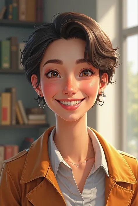 Creates a Smiling Teacher, short hair , beautiful , short, y with the name of " Professor Mile"