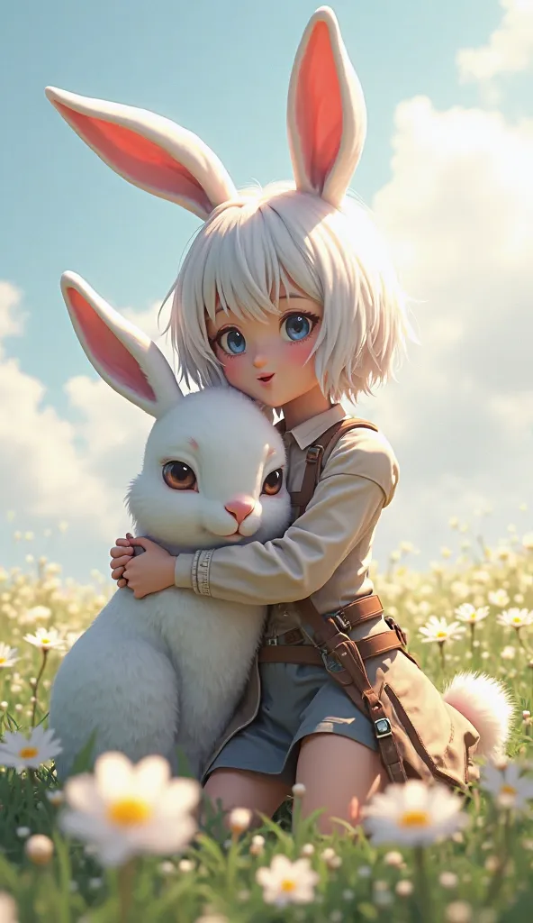 1girl and big rabbit, BREAK {1girl, white hair, short hair,(hunter outfit:1.8), hugging rabbit, smiling} BREAK flower field background, fantasy theme, soft lighting, (white flower:1.2),
(masterpiece:1.2), ultra detailed, best quality,  complex detail, maxi...