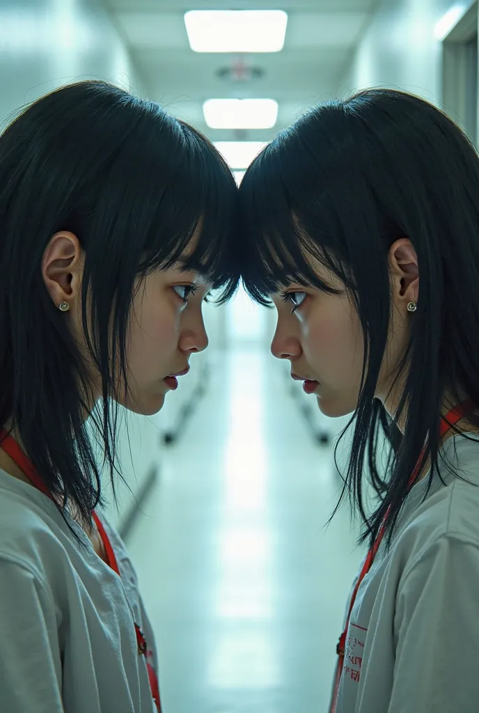 two sisters looking at each other with weapons pointed at their foreheads both have black hair and are in the corridor of a hospital both are young