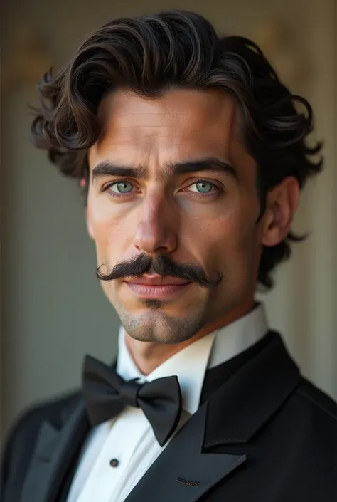 hair wavy,black,french moustache,blue eyed french man,handsome young