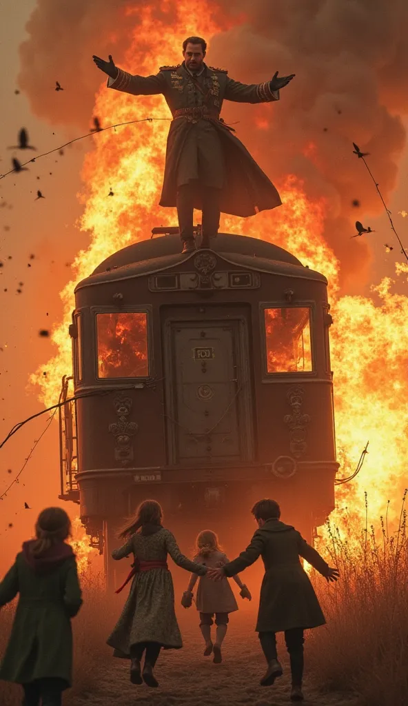 The ren of the Russian emperor run away.While their father is standing and holding the roof of the train in his arms.Everything is on fire 
