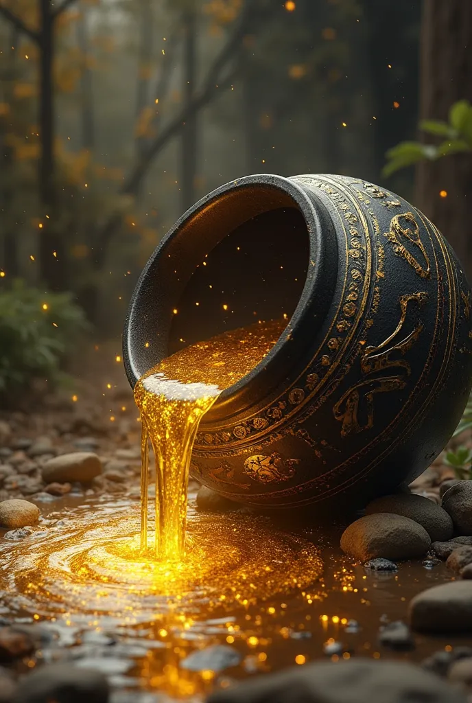 A black pot that is ancient,having gold marks and signs on it, the pot should be tilting to the right pouring out gold oil that's overflowing within the pot down to its surrounding flood